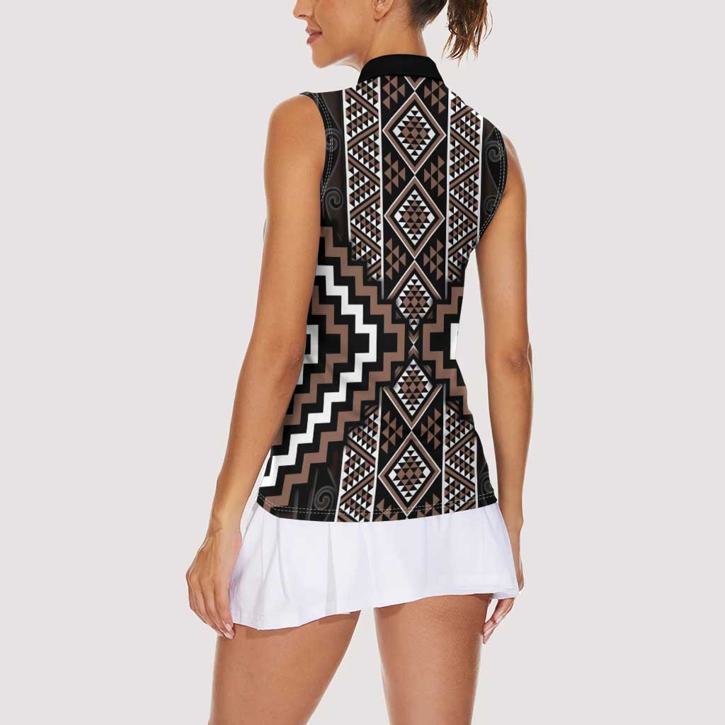 Classic Tukutuku Pattern Aotearoa Women Sleeveless Polo Shirt Niho Taniwha and Puhoro Motifs