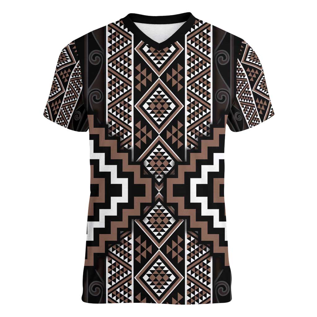 Classic Tukutuku Pattern Aotearoa Women V-Neck T-Shirt Niho Taniwha and Puhoro Motifs