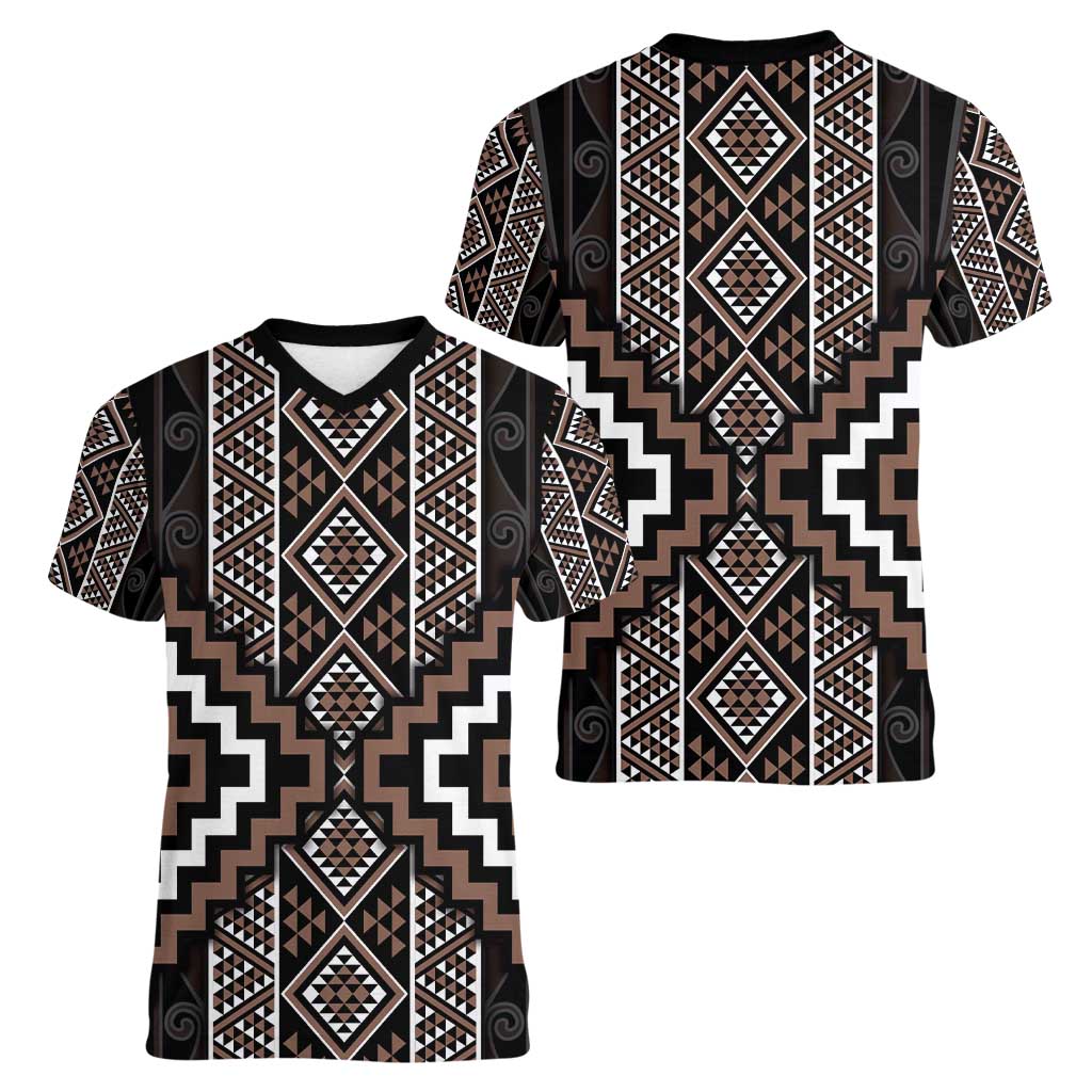 Classic Tukutuku Pattern Aotearoa Women V-Neck T-Shirt Niho Taniwha and Puhoro Motifs
