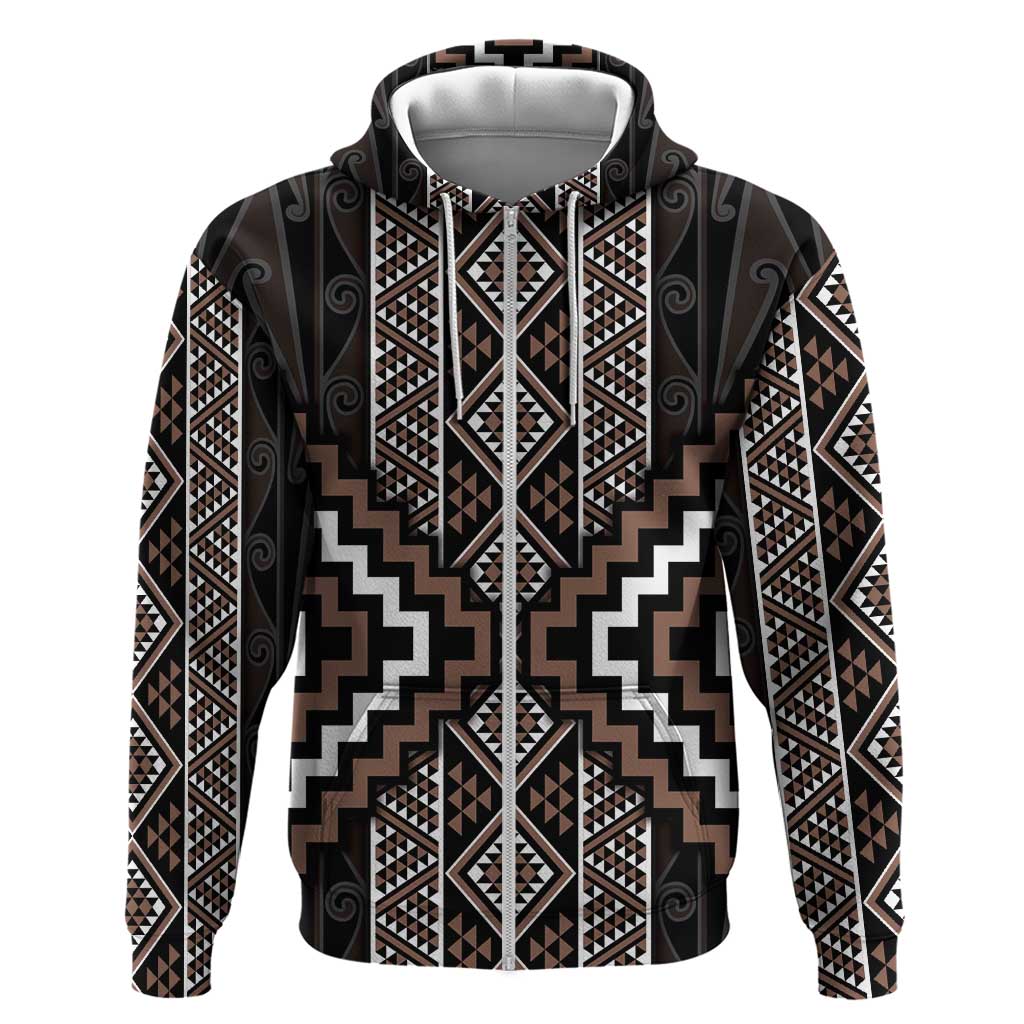 Classic Tukutuku Pattern Aotearoa Zip Hoodie Niho Taniwha and Puhoro Motifs LT7 Zip Hoodie Brown - Polynesian Pride