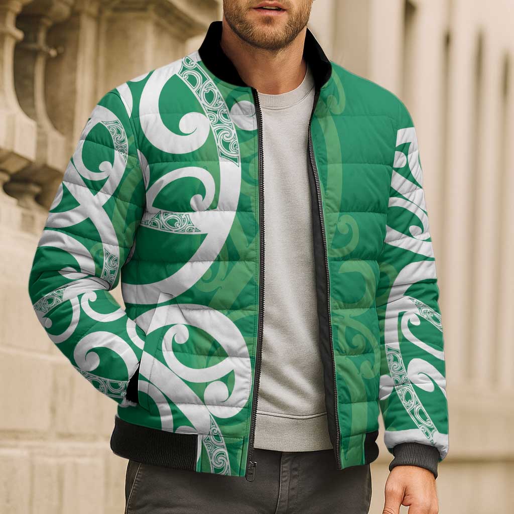 Pounamu Green Maori Bomber Puffer Jacket Koru Kowhaiwhai - Polynesian Pride