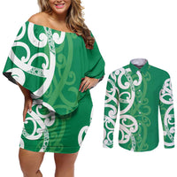 Pounamu Green Maori Couples Matching Off Shoulder Short Dress and Long Sleeve Button Shirt Koru Kowhaiwhai - Polynesian Pride