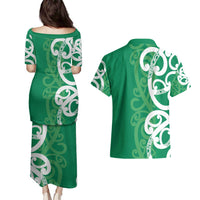 Pounamu Green Maori Couples Matching Puletasi and Hawaiian Shirt Koru Kowhaiwhai - Polynesian Pride