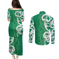 Pounamu Green Maori Couples Matching Puletasi and Long Sleeve Button Shirt Koru Kowhaiwhai - Polynesian Pride