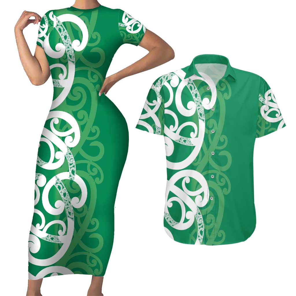 Pounamu Green Maori Couples Matching Short Sleeve Bodycon Dress and Hawaiian Shirt Koru Kowhaiwhai - Polynesian Pride