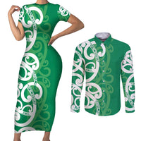 Pounamu Green Maori Couples Matching Short Sleeve Bodycon Dress and Long Sleeve Button Shirt Koru Kowhaiwhai - Polynesian Pride