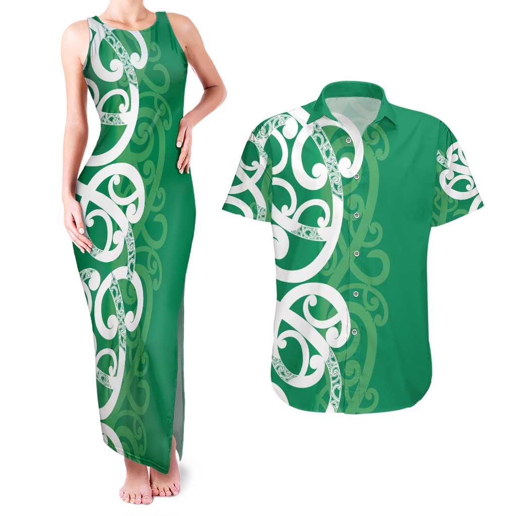 Pounamu Green Maori Couples Matching Tank Maxi Dress and Hawaiian Shirt Koru Kowhaiwhai - Polynesian Pride