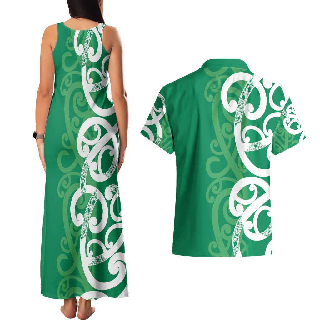 Pounamu Green Maori Couples Matching Tank Maxi Dress and Hawaiian Shirt Koru Kowhaiwhai - Polynesian Pride
