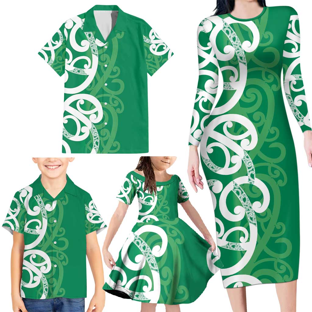 Pounamu Green Maori Family Matching Long Sleeve Bodycon Dress and Hawaiian Shirt Koru Kowhaiwhai LT7 - Polynesian Pride