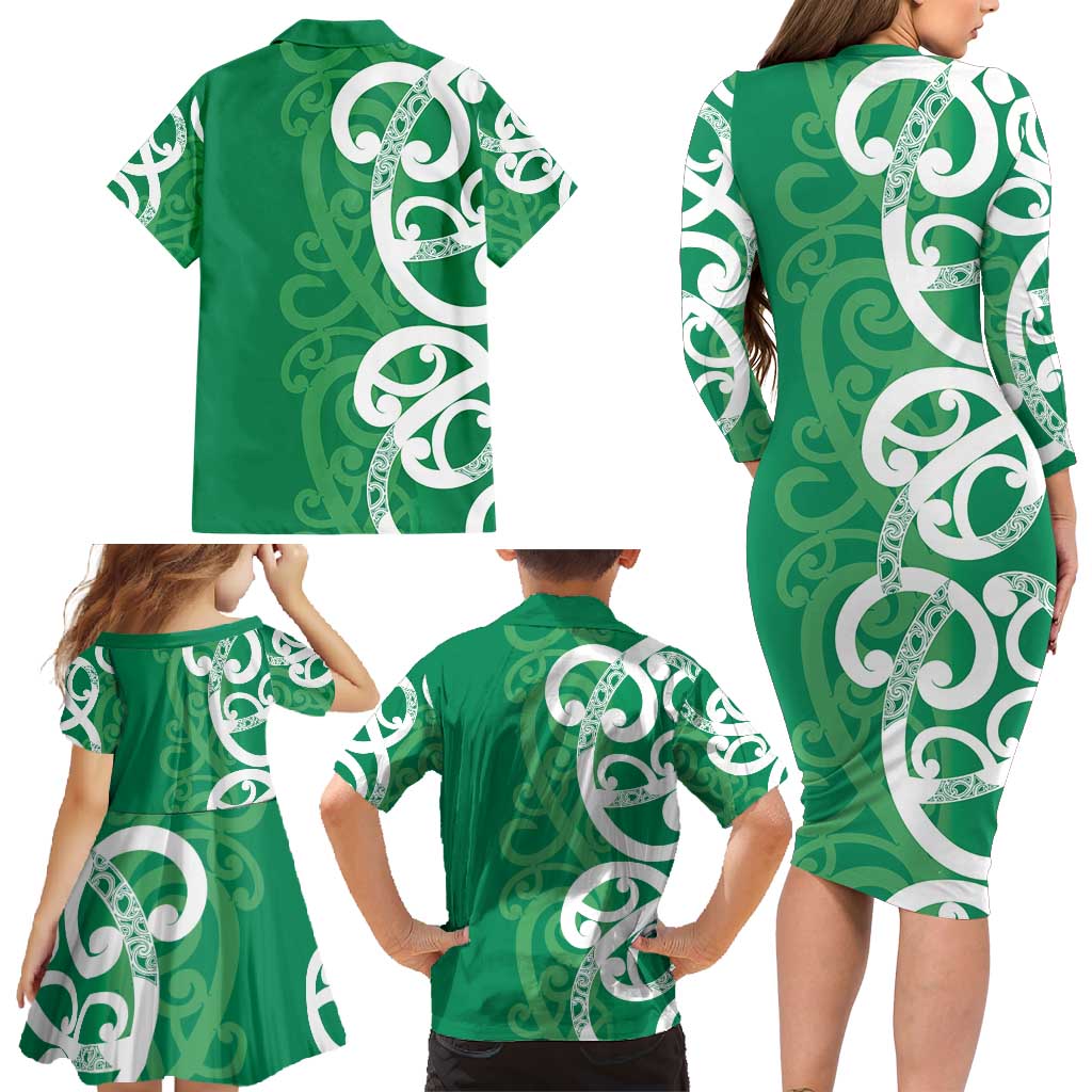 Pounamu Green Maori Family Matching Long Sleeve Bodycon Dress and Hawaiian Shirt Koru Kowhaiwhai LT7 - Polynesian Pride