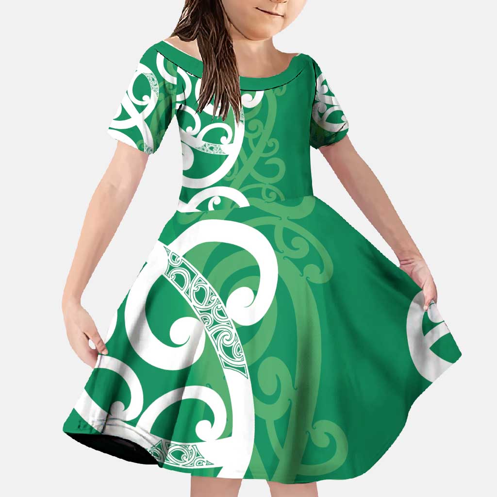 Pounamu Green Maori Family Matching Mermaid Dress and Hawaiian Shirt Koru Kowhaiwhai LT7 Daughter's Dress Green - Polynesian Pride