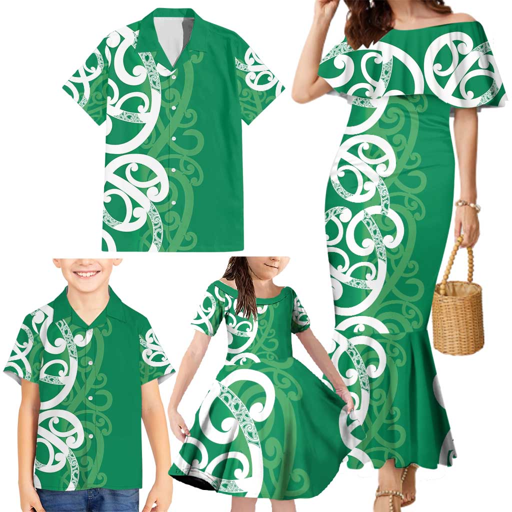Pounamu Green Maori Family Matching Mermaid Dress and Hawaiian Shirt Koru Kowhaiwhai LT7 - Polynesian Pride