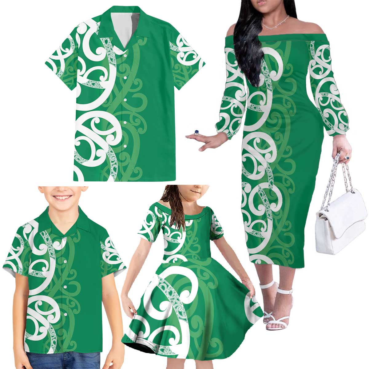 Pounamu Green Maori Family Matching Off The Shoulder Long Sleeve Dress and Hawaiian Shirt Koru Kowhaiwhai LT7 - Polynesian Pride