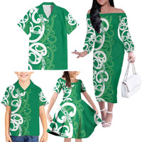 Pounamu Green Maori Family Matching Off The Shoulder Long Sleeve Dress and Hawaiian Shirt Koru Kowhaiwhai LT7 - Polynesian Pride