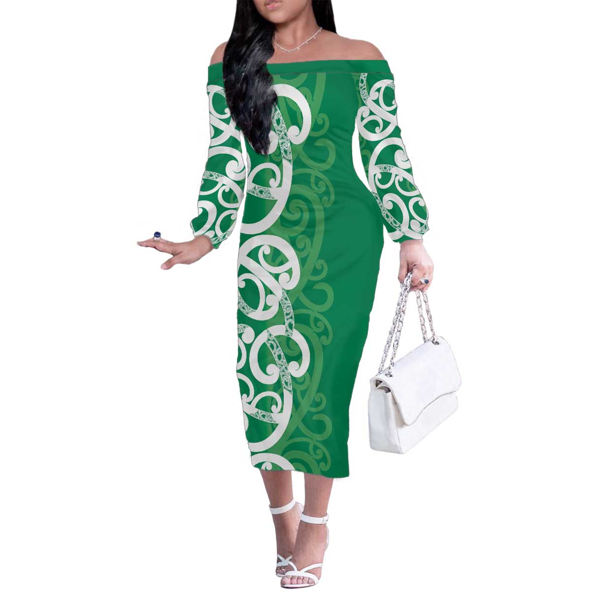 Pounamu Green Maori Family Matching Off The Shoulder Long Sleeve Dress and Hawaiian Shirt Koru Kowhaiwhai LT7 Mom's Dress Green - Polynesian Pride