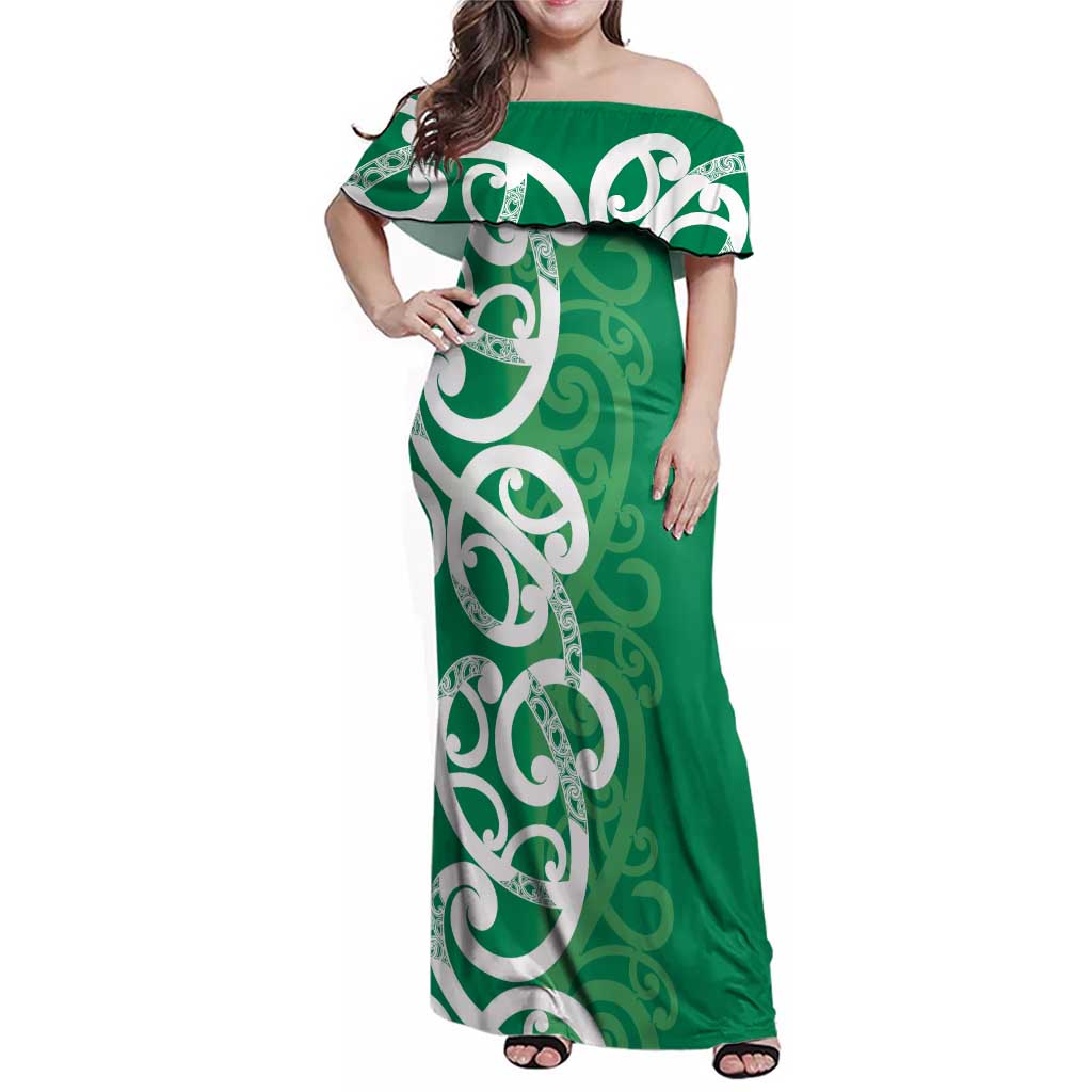 Pounamu Green Maori Family Matching Off Shoulder Maxi Dress and Hawaiian Shirt Koru Kowhaiwhai LT7 Mom's Dress Green - Polynesian Pride