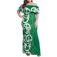 Pounamu Green Maori Family Matching Off Shoulder Maxi Dress and Hawaiian Shirt Koru Kowhaiwhai LT7 Mom's Dress Green - Polynesian Pride