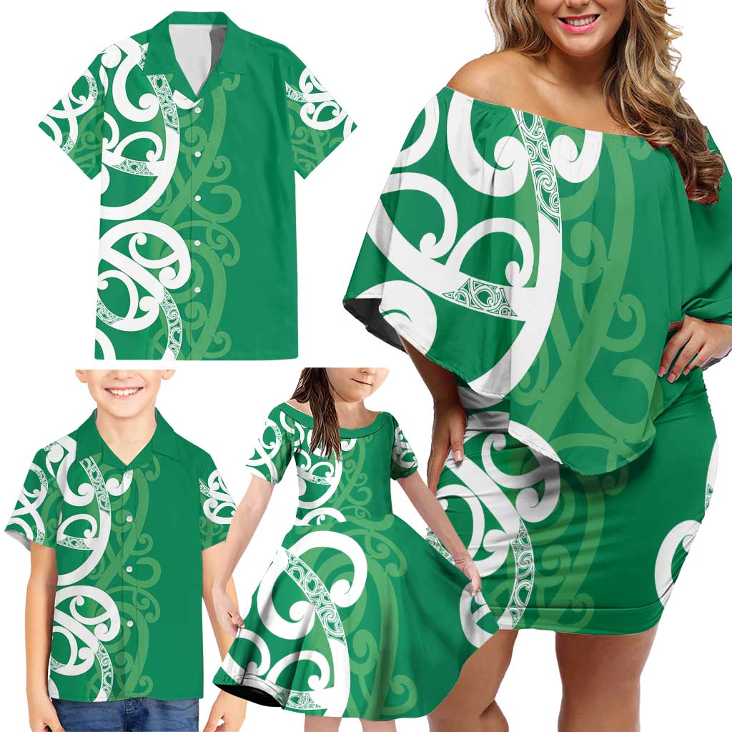 Pounamu Green Maori Family Matching Off Shoulder Short Dress and Hawaiian Shirt Koru Kowhaiwhai LT7 - Polynesian Pride