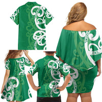 Pounamu Green Maori Family Matching Off Shoulder Short Dress and Hawaiian Shirt Koru Kowhaiwhai LT7 - Polynesian Pride
