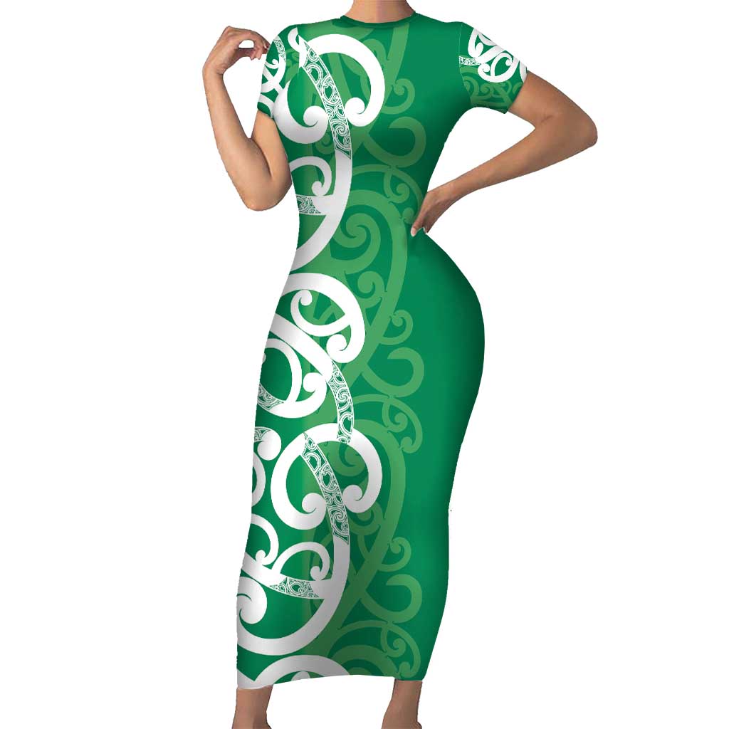 Pounamu Green Maori Family Matching Short Sleeve Bodycon Dress and Hawaiian Shirt Koru Kowhaiwhai LT7 Mom's Dress Green - Polynesian Pride