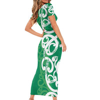 Pounamu Green Maori Family Matching Short Sleeve Bodycon Dress and Hawaiian Shirt Koru Kowhaiwhai LT7 - Polynesian Pride