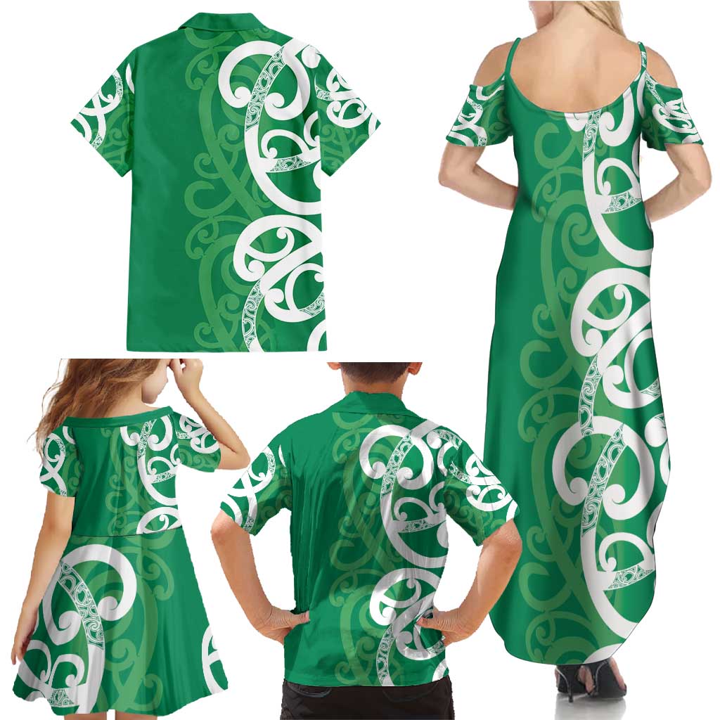 Pounamu Green Maori Family Matching Summer Maxi Dress and Hawaiian Shirt Koru Kowhaiwhai LT7 - Polynesian Pride