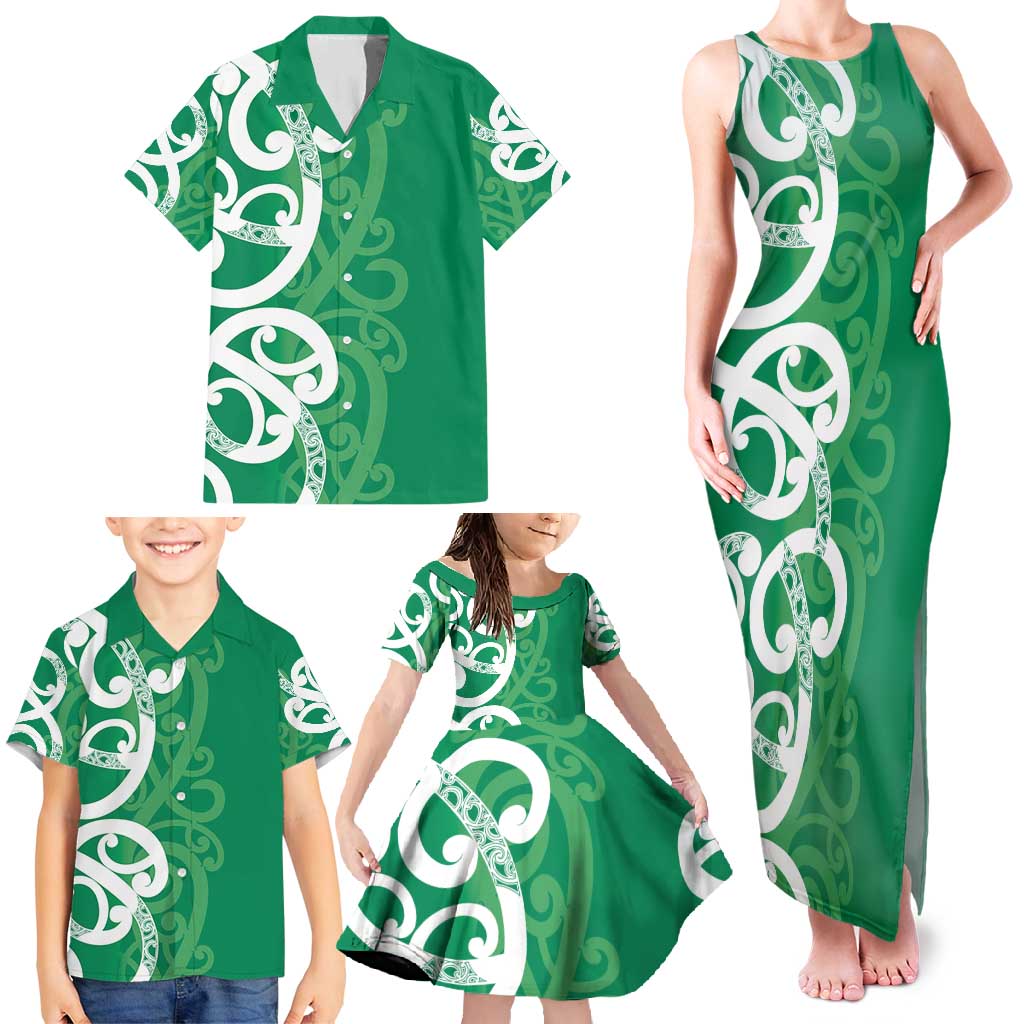 Pounamu Green Maori Family Matching Tank Maxi Dress and Hawaiian Shirt Koru Kowhaiwhai LT7 - Polynesian Pride