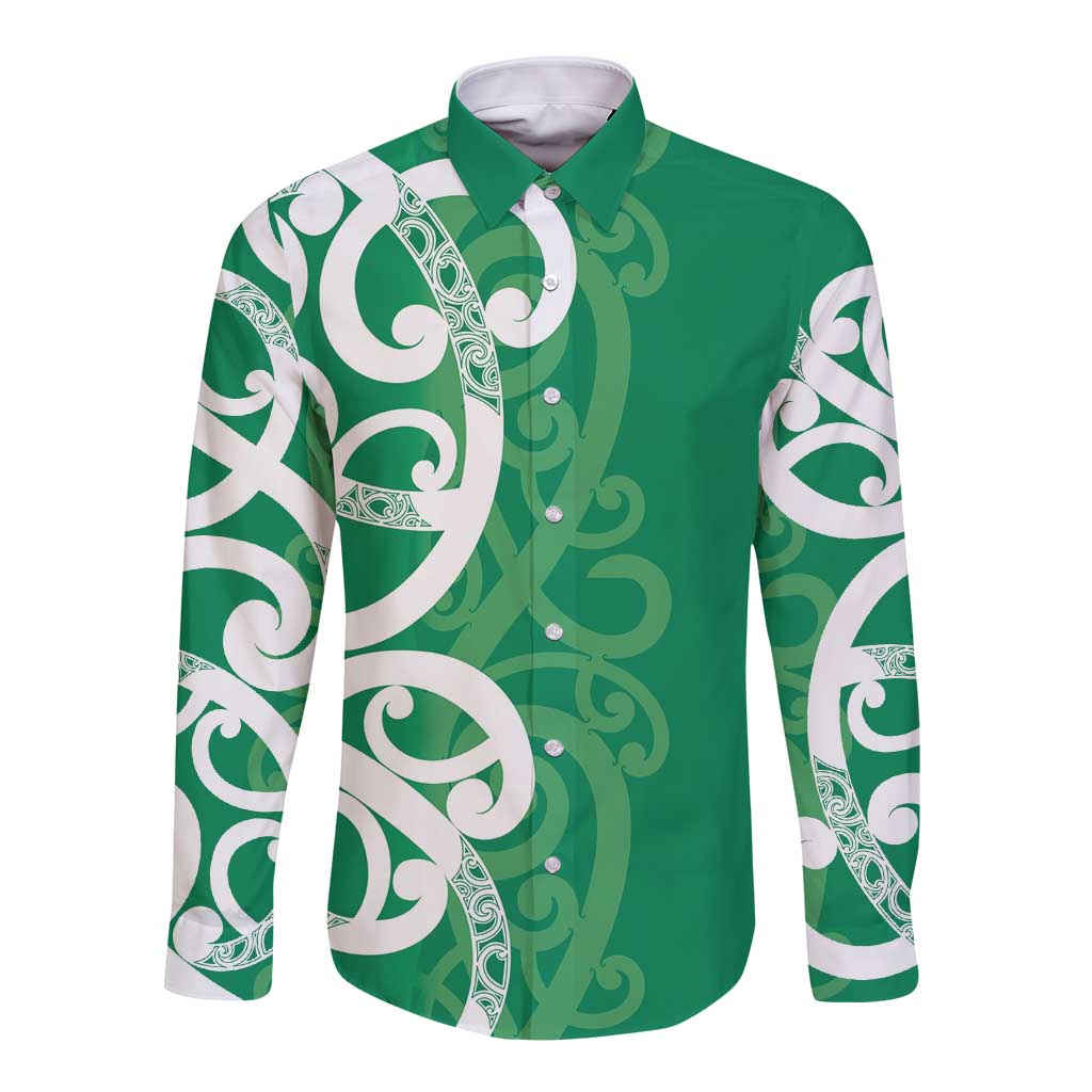 Pounamu Green Maori Long Sleeve Button Shirt Koru Kowhaiwhai - Polynesian Pride