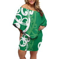 Pounamu Green Maori Off Shoulder Short Dress Koru Kowhaiwhai - Polynesian Pride