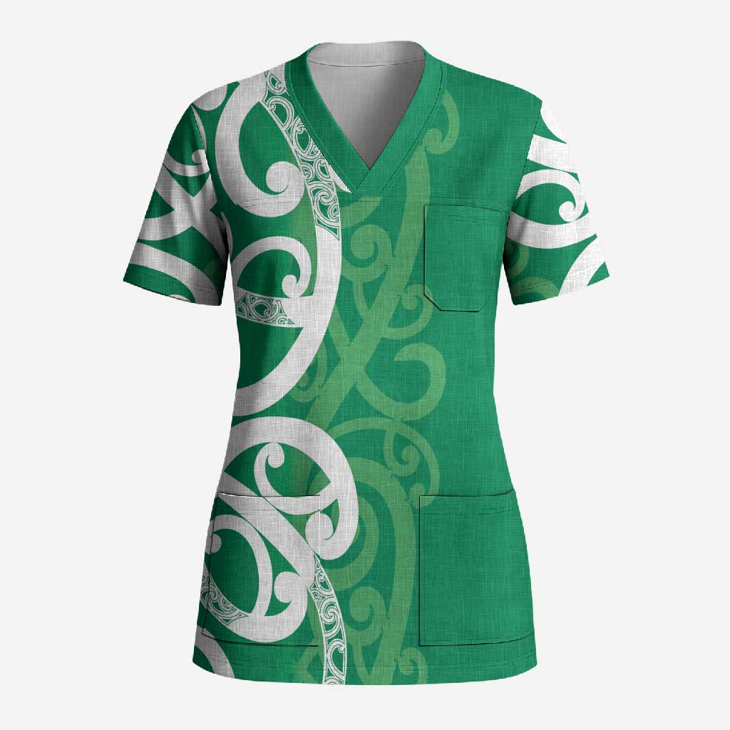 Pounamu Green Maori Scrub Top Koru Kowhaiwhai - Polynesian Pride