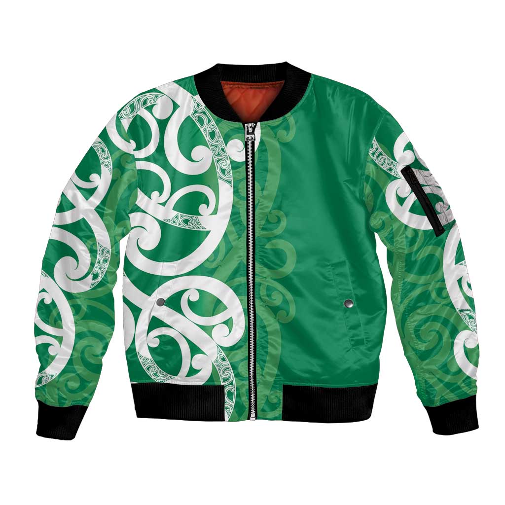 Pounamu Green Maori Sleeve Zip Bomber Jacket Koru Kowhaiwhai - Polynesian Pride