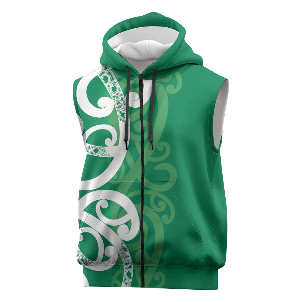 Pounamu Green Maori Sleeveless Zip Hoodie Koru Kowhaiwhai - Polynesian Pride