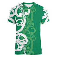 Pounamu Green Maori Women V-Neck T-Shirt Koru Kowhaiwhai - Polynesian Pride