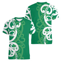Pounamu Green Maori Women V-Neck T-Shirt Koru Kowhaiwhai - Polynesian Pride