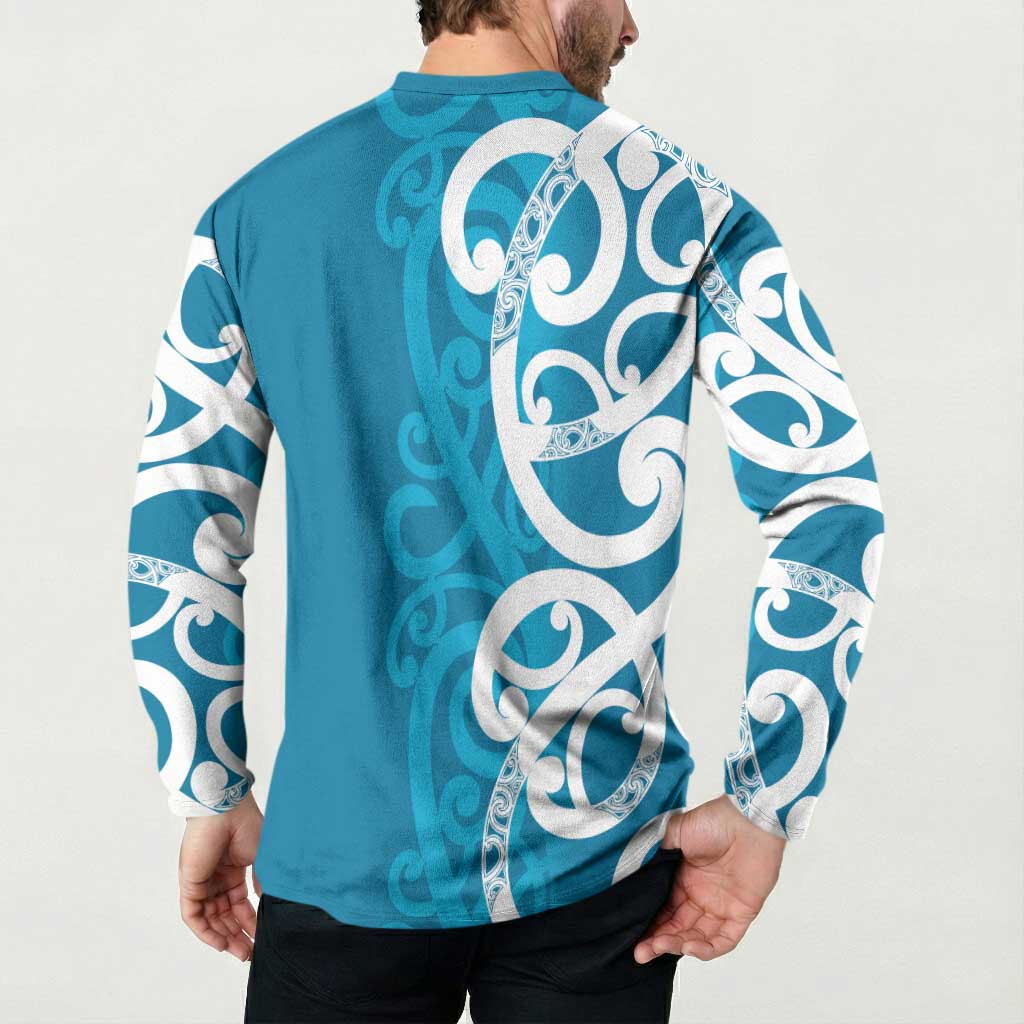 Azure Blue Maori Button Sweatshirt Koru Kowhaiwhai - Polynesian Pride