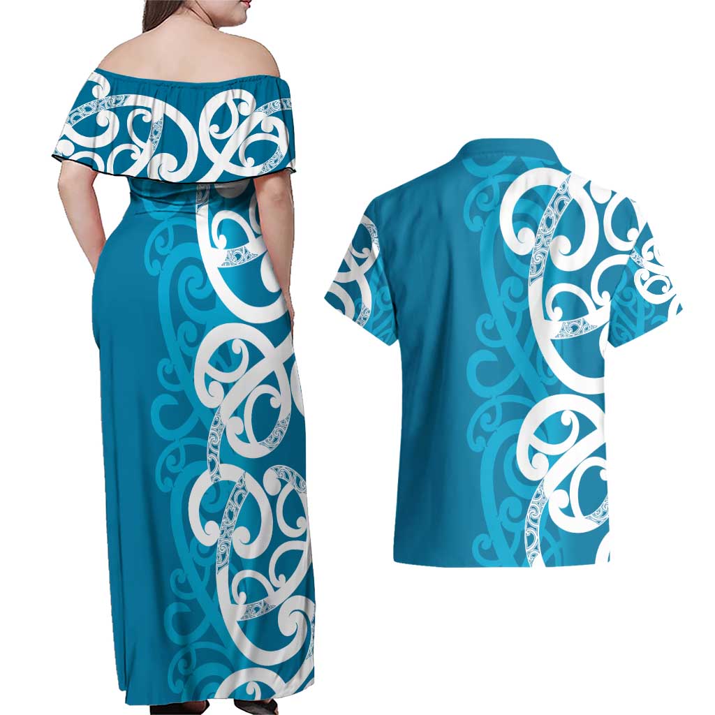 Azure Blue Maori Couples Matching Off Shoulder Maxi Dress and Hawaiian Shirt Koru Kowhaiwhai - Polynesian Pride