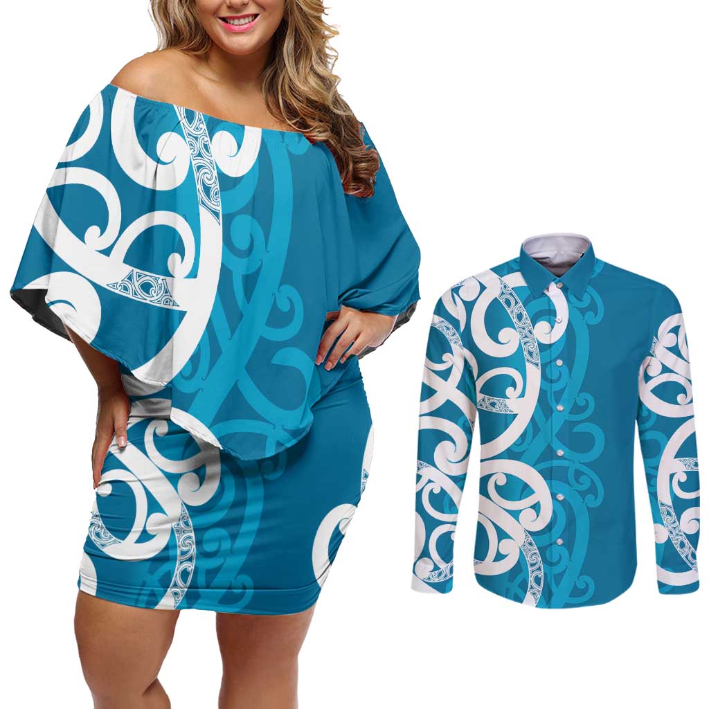 Azure Blue Maori Couples Matching Off Shoulder Short Dress and Long Sleeve Button Shirt Koru Kowhaiwhai - Polynesian Pride