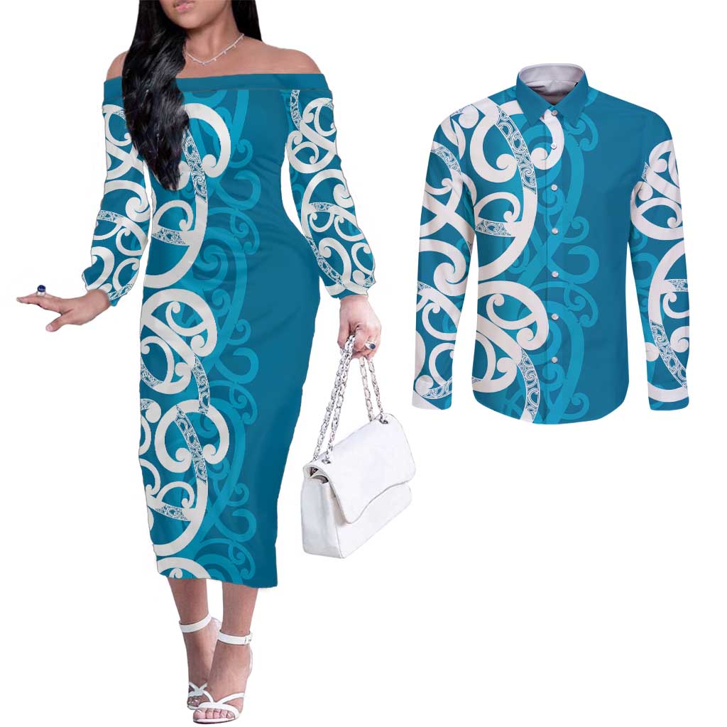 Azure Blue Maori Couples Matching Off The Shoulder Long Sleeve Dress and Long Sleeve Button Shirt Koru Kowhaiwhai - Polynesian Pride