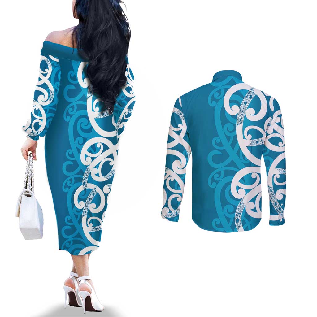 Azure Blue Maori Couples Matching Off The Shoulder Long Sleeve Dress and Long Sleeve Button Shirt Koru Kowhaiwhai - Polynesian Pride