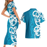 Azure Blue Maori Couples Matching Short Sleeve Bodycon Dress and Hawaiian Shirt Koru Kowhaiwhai - Polynesian Pride