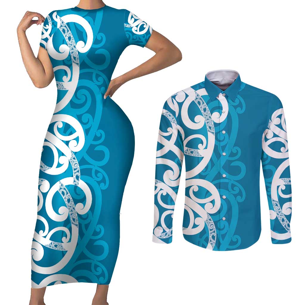 Azure Blue Maori Couples Matching Short Sleeve Bodycon Dress and Long Sleeve Button Shirt Koru Kowhaiwhai - Polynesian Pride