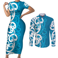Azure Blue Maori Couples Matching Short Sleeve Bodycon Dress and Long Sleeve Button Shirt Koru Kowhaiwhai - Polynesian Pride