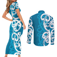 Azure Blue Maori Couples Matching Short Sleeve Bodycon Dress and Long Sleeve Button Shirt Koru Kowhaiwhai - Polynesian Pride