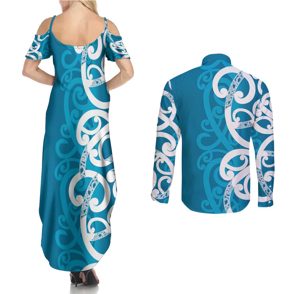 Azure Blue Maori Couples Matching Summer Maxi Dress and Long Sleeve Button Shirt Koru Kowhaiwhai - Polynesian Pride