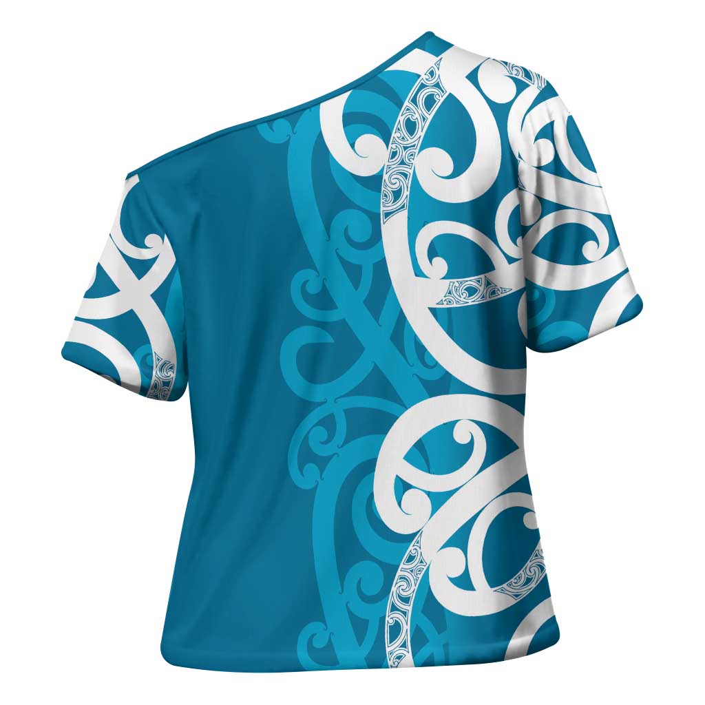 Azure Blue Maori Cross Shoulder Shirt Koru Kowhaiwhai - Polynesian Pride