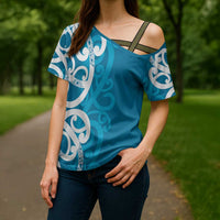 Azure Blue Maori Cross Shoulder Shirt Koru Kowhaiwhai - Polynesian Pride