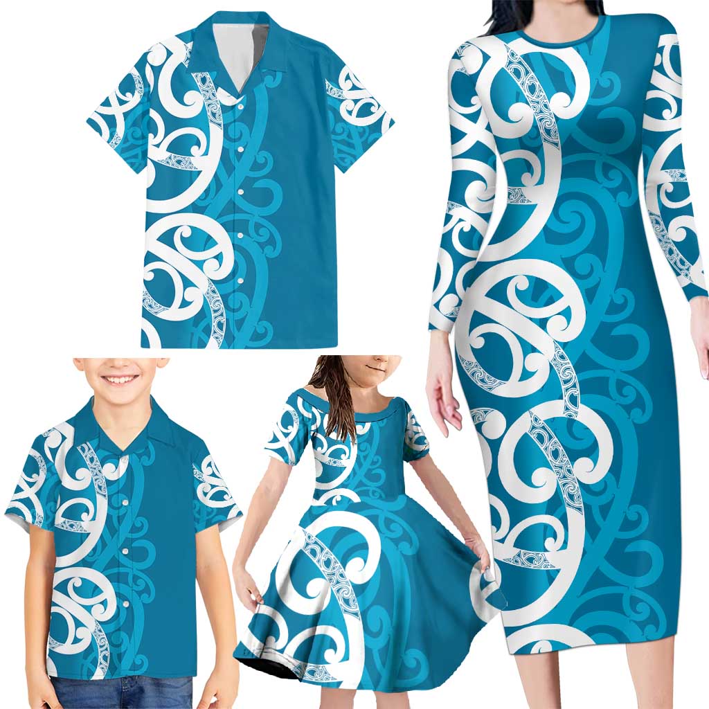 Azure Blue Maori Family Matching Long Sleeve Bodycon Dress and Hawaiian Shirt Koru Kowhaiwhai LT7 - Polynesian Pride