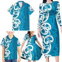 Azure Blue Maori Family Matching Long Sleeve Bodycon Dress and Hawaiian Shirt Koru Kowhaiwhai LT7 - Polynesian Pride