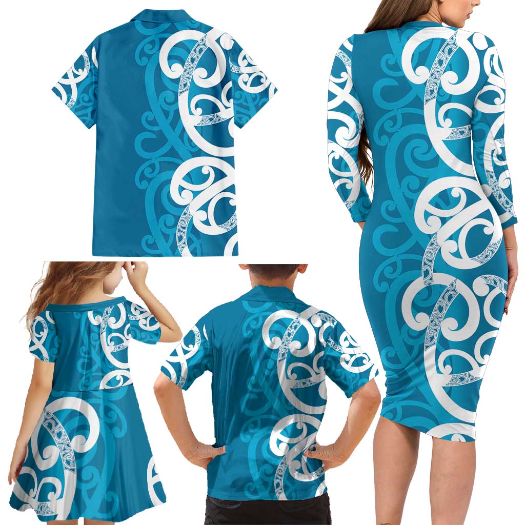Azure Blue Maori Family Matching Long Sleeve Bodycon Dress and Hawaiian Shirt Koru Kowhaiwhai LT7 - Polynesian Pride