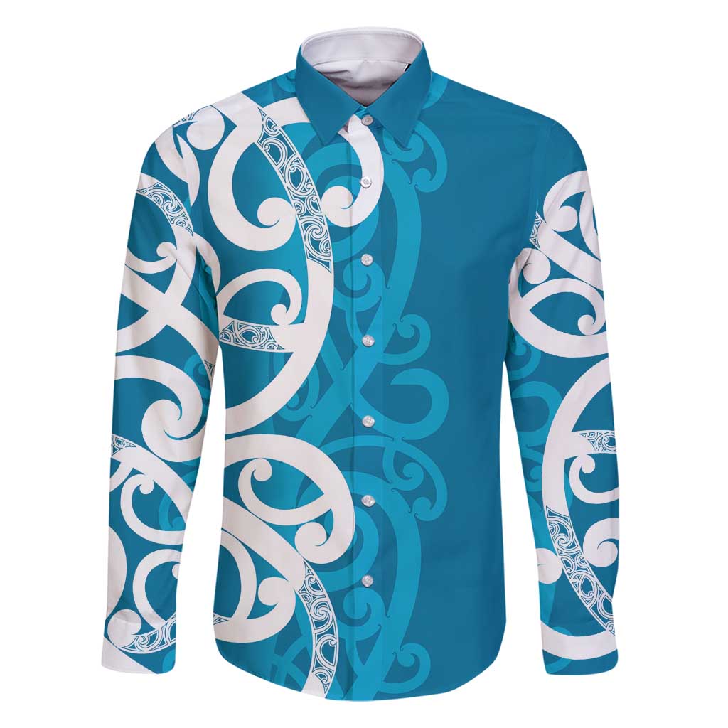 Azure Blue Maori Family Matching Long Sleeve Bodycon Dress and Hawaiian Shirt Koru Kowhaiwhai LT7 Dad's Shirt - Long Sleeve Blue - Polynesian Pride